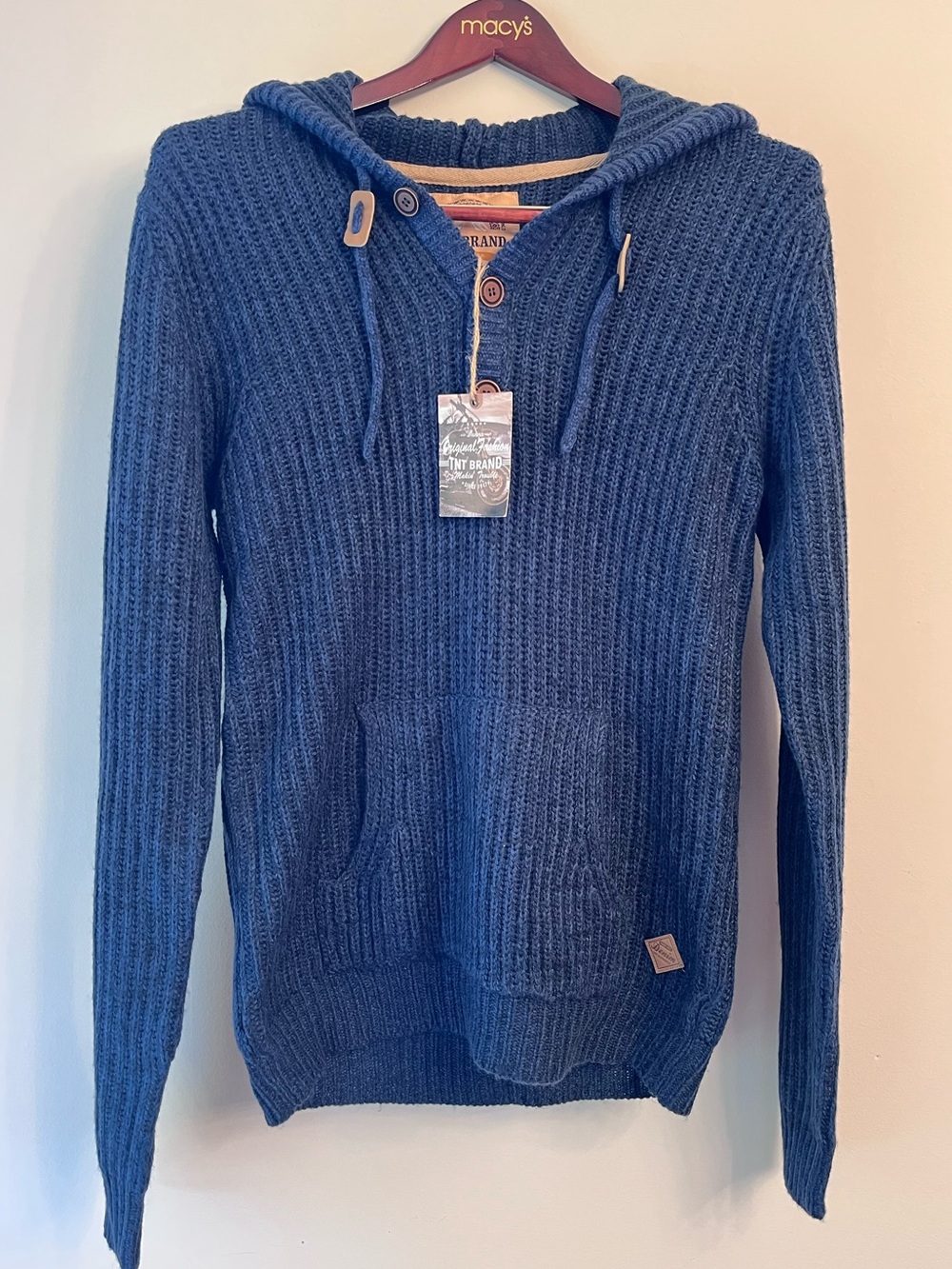 NWT Prana Men's Hooded Henley Knit Sweater - Blue